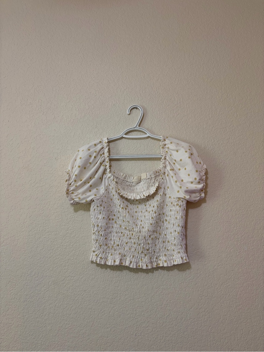 Levi's Ivory Smocked Crop Top with Gold Dot Accents